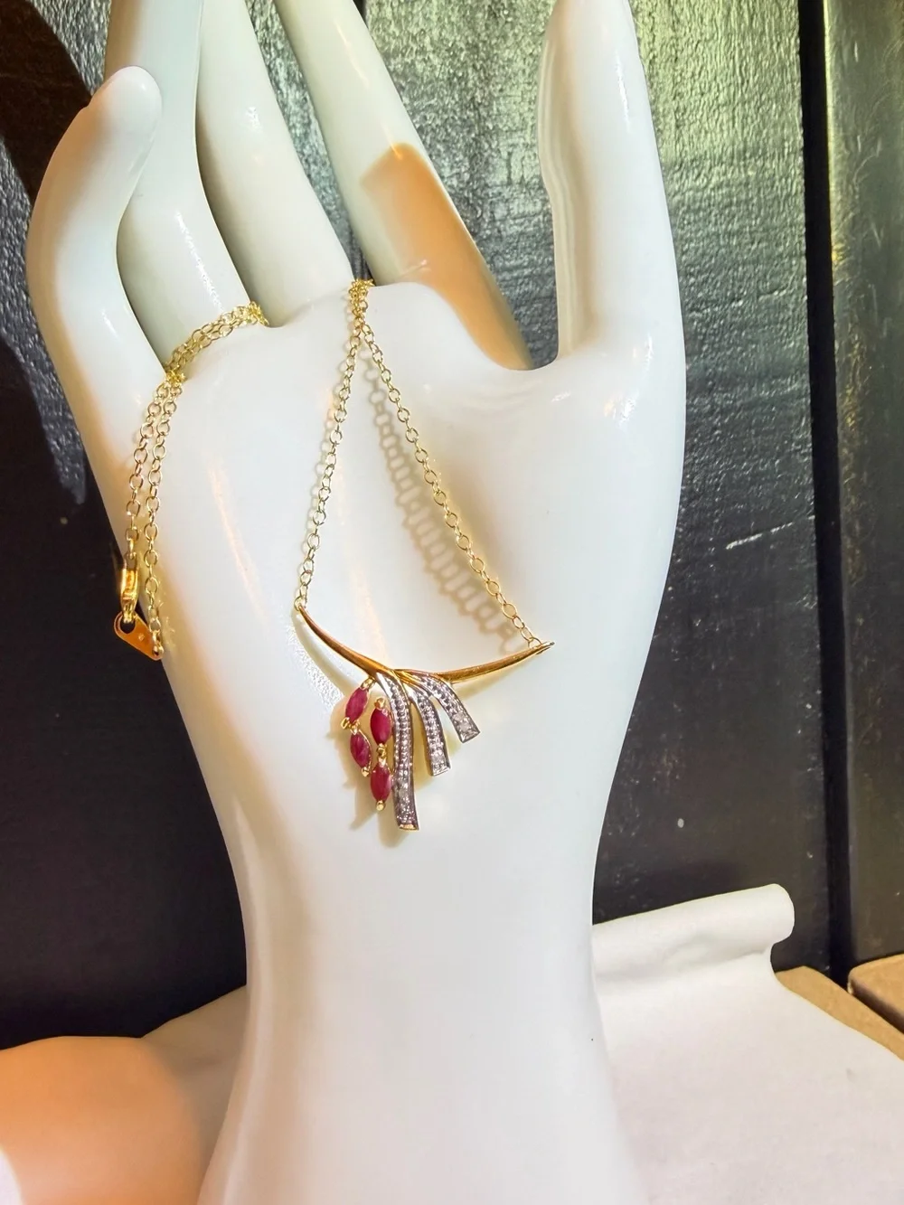 18K Gold Over Sterling Silver Ruby & Diamond Pendant Necklace 18” 0.06CTW